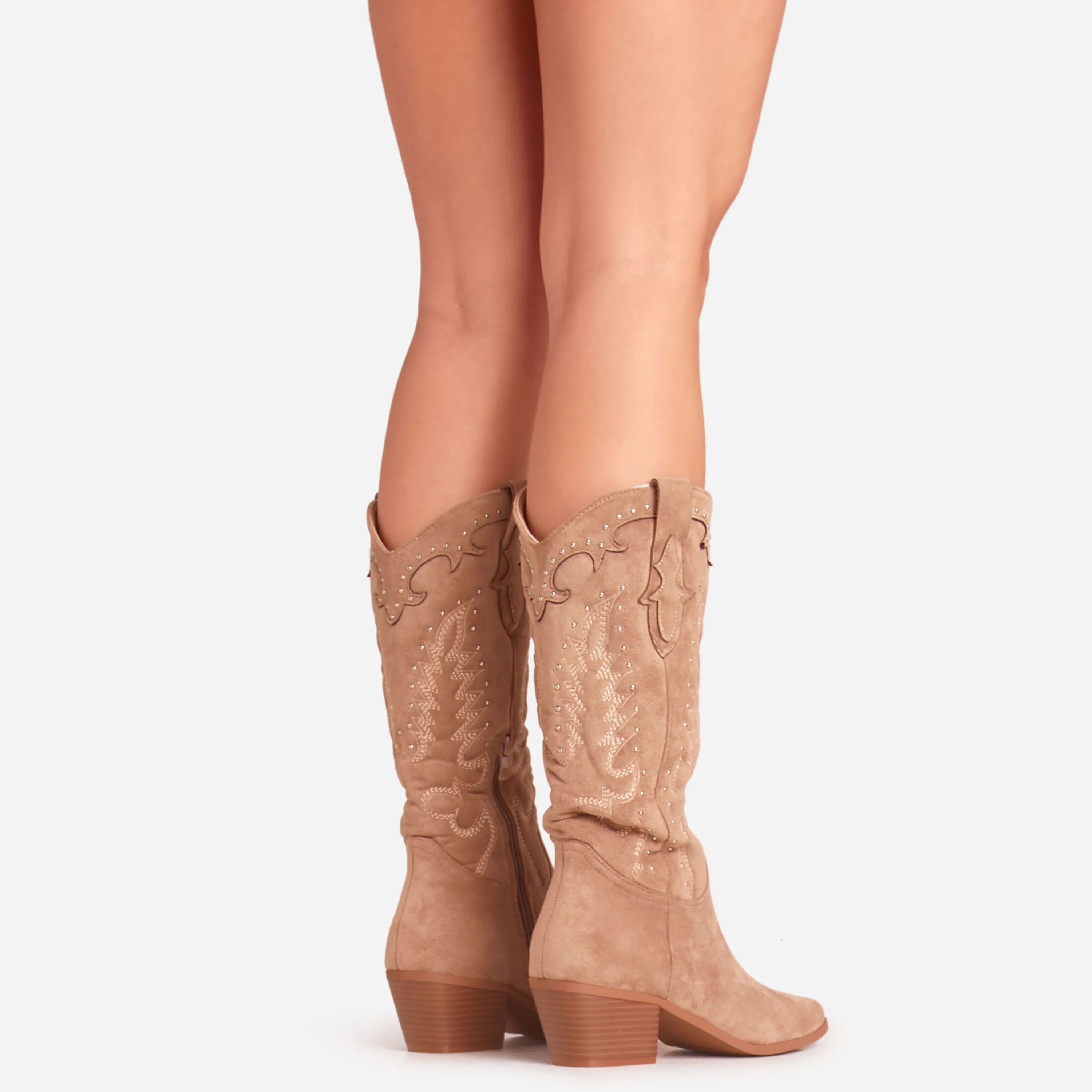 Woods Embroidered Detail Pointed Toe Mid Calf Western Cowboy Boot In Taupe Faux Suede