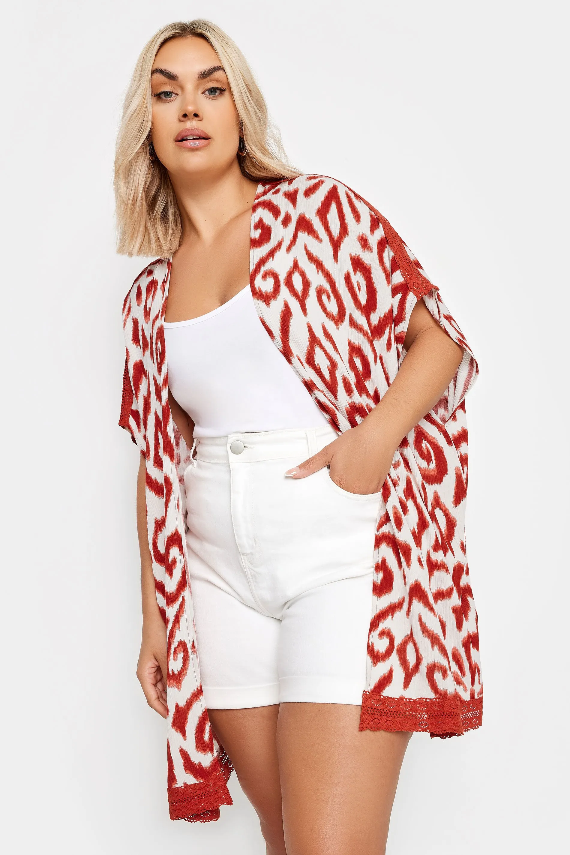 YOURS Curve White Ikat Print Crochet Trim Kimono