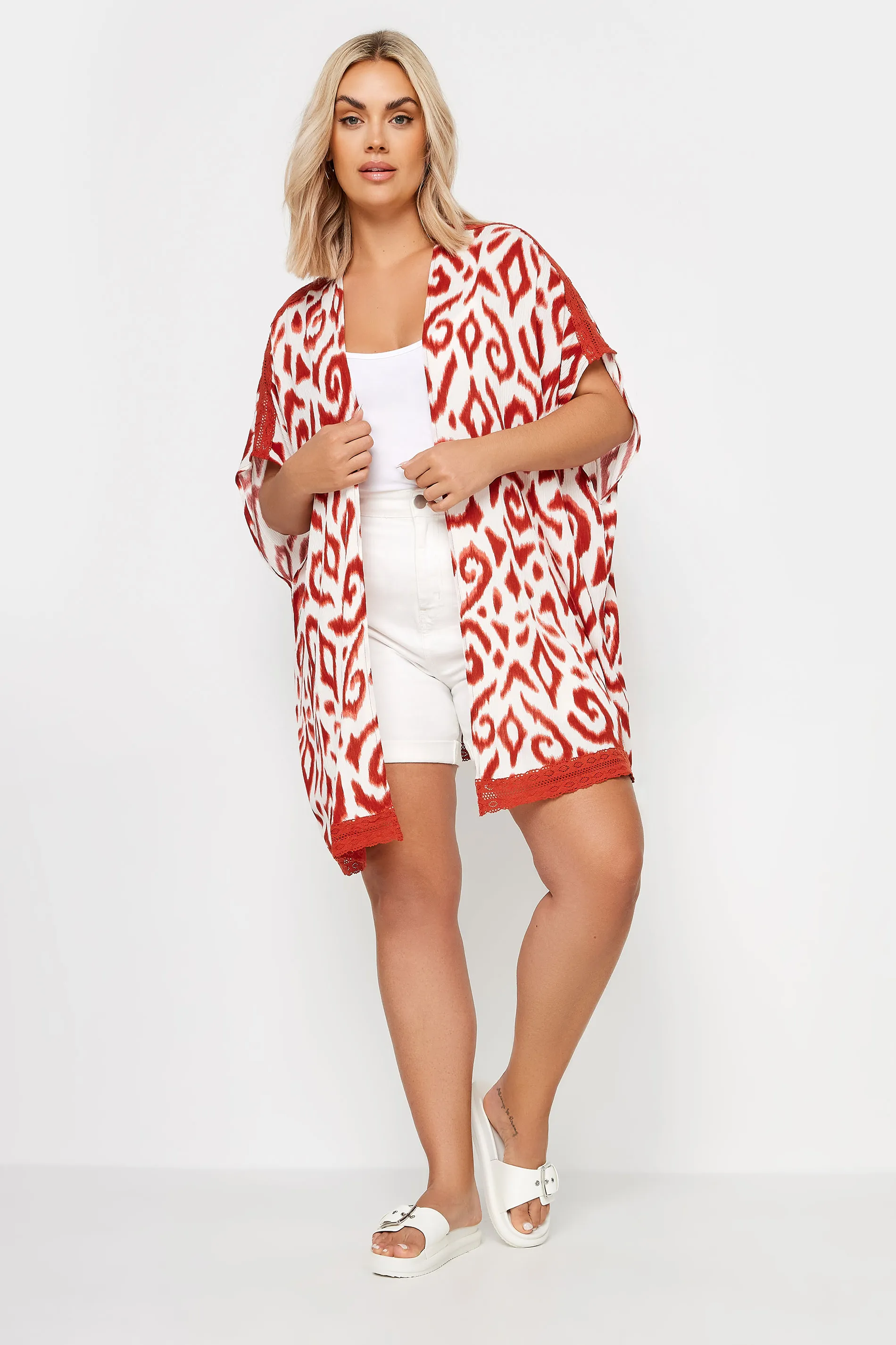 YOURS Curve White Ikat Print Crochet Trim Kimono