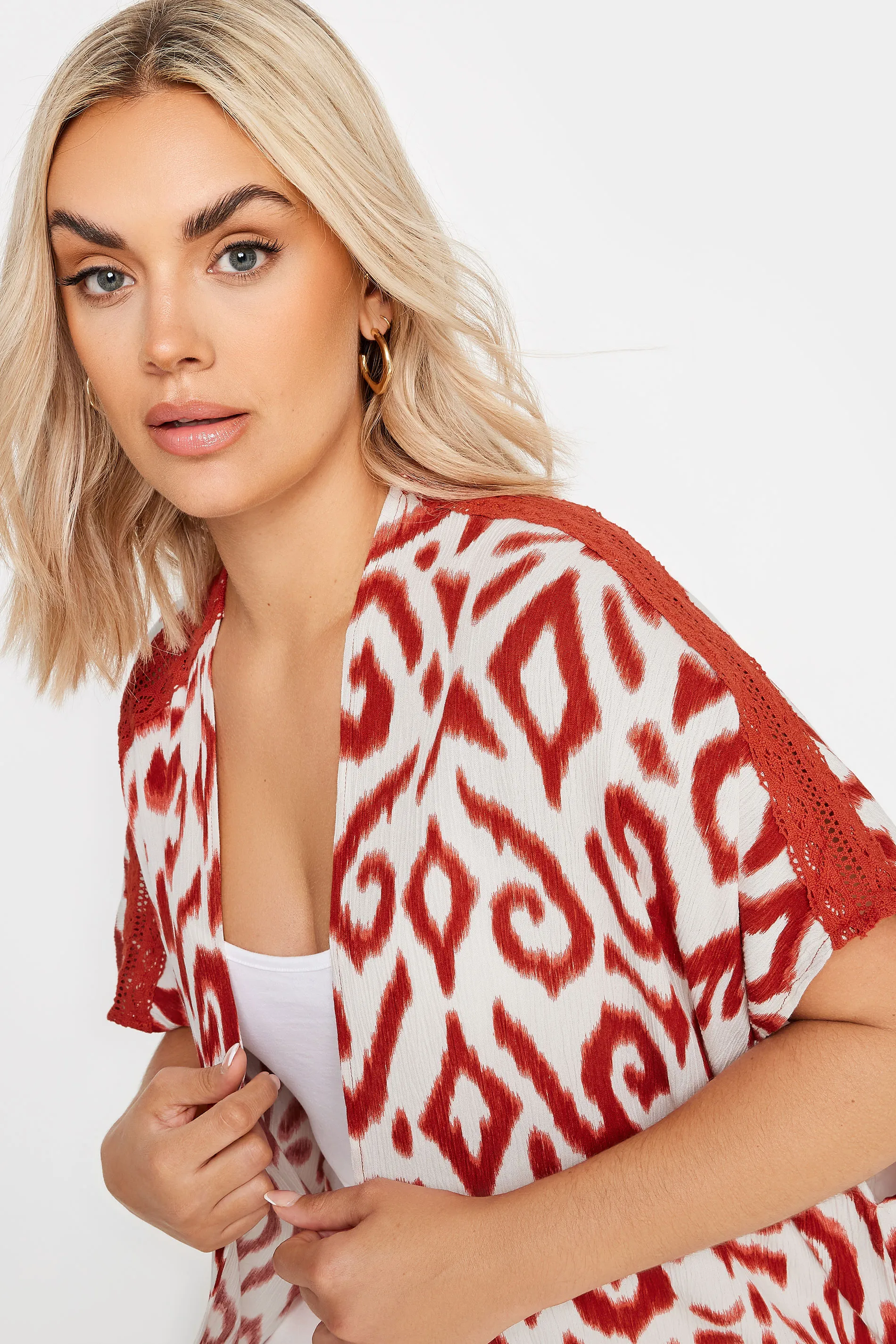 YOURS Curve White Ikat Print Crochet Trim Kimono