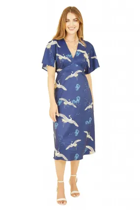 Yumi Navy Crane Print Kimono Midi Dress