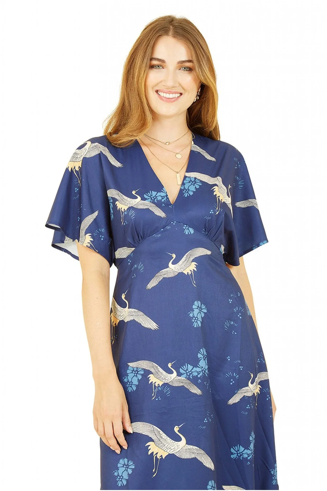 Yumi Navy Crane Print Kimono Midi Dress